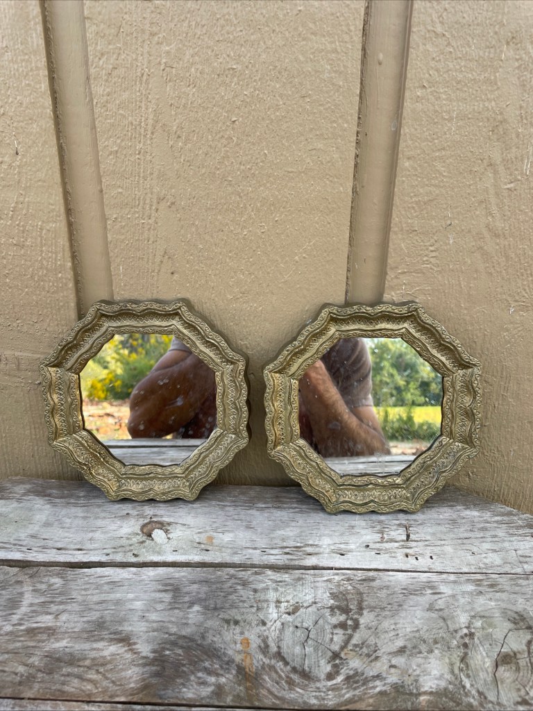 2 Vtg Wooden Accent Wall Mirror Craved Bronze Color Frame 7x7