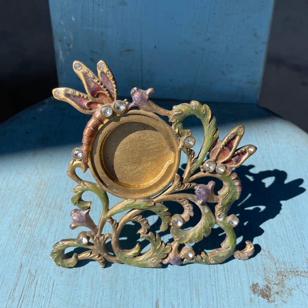 Vintage Cast Iron Easel Back Oval Picture Frame French Rococo Gold Tone #1