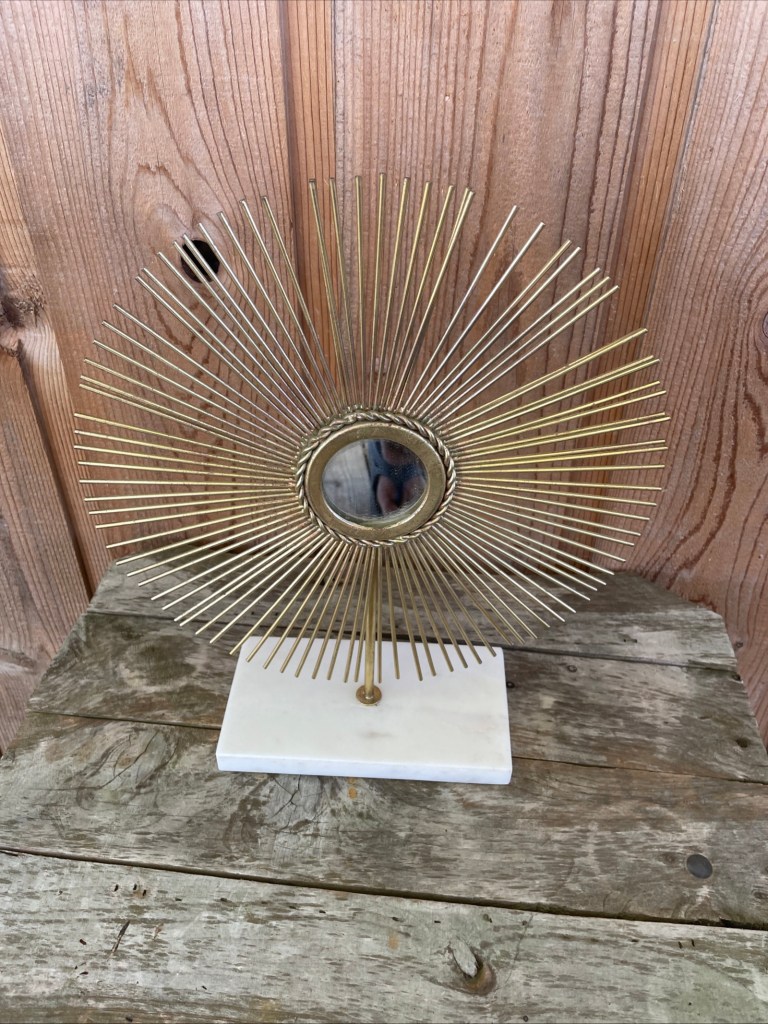 Share
Vintage MCM Retro Metal Table Mirror Atomic Sunburst Marble Base Sculpture 14x12